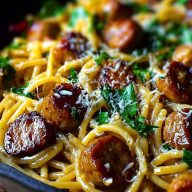 Sticky Honey Garlic Sausage Pasta Skillet