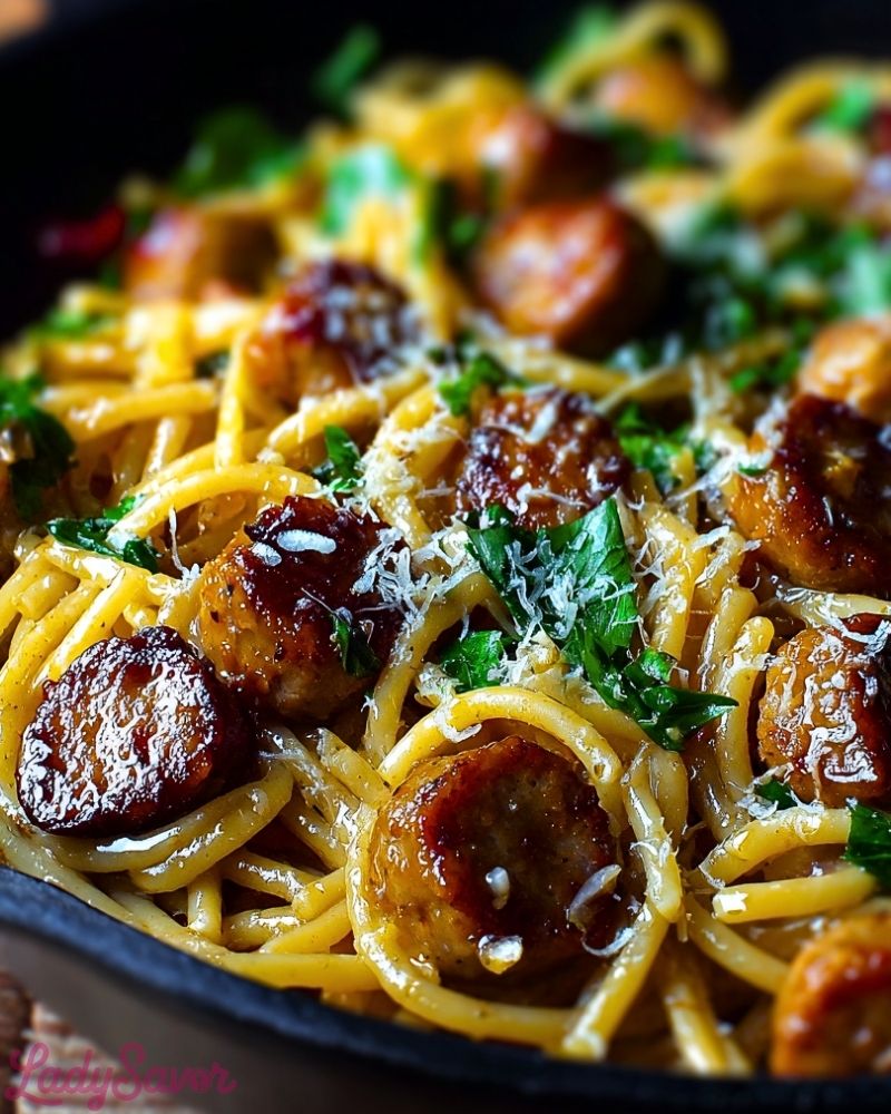 Sticky Honey Garlic Sausage Pasta Skillet Sticky Honey Garlic Sausage Pasta Skillet