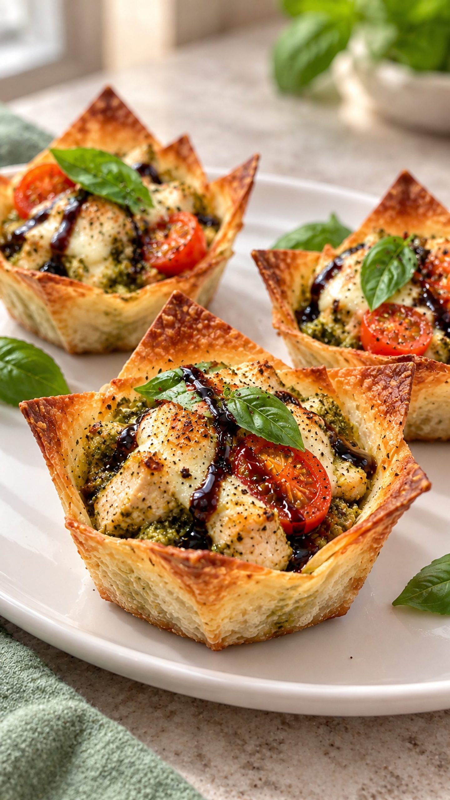 Caprese Pesto Chicken Crunch Cups