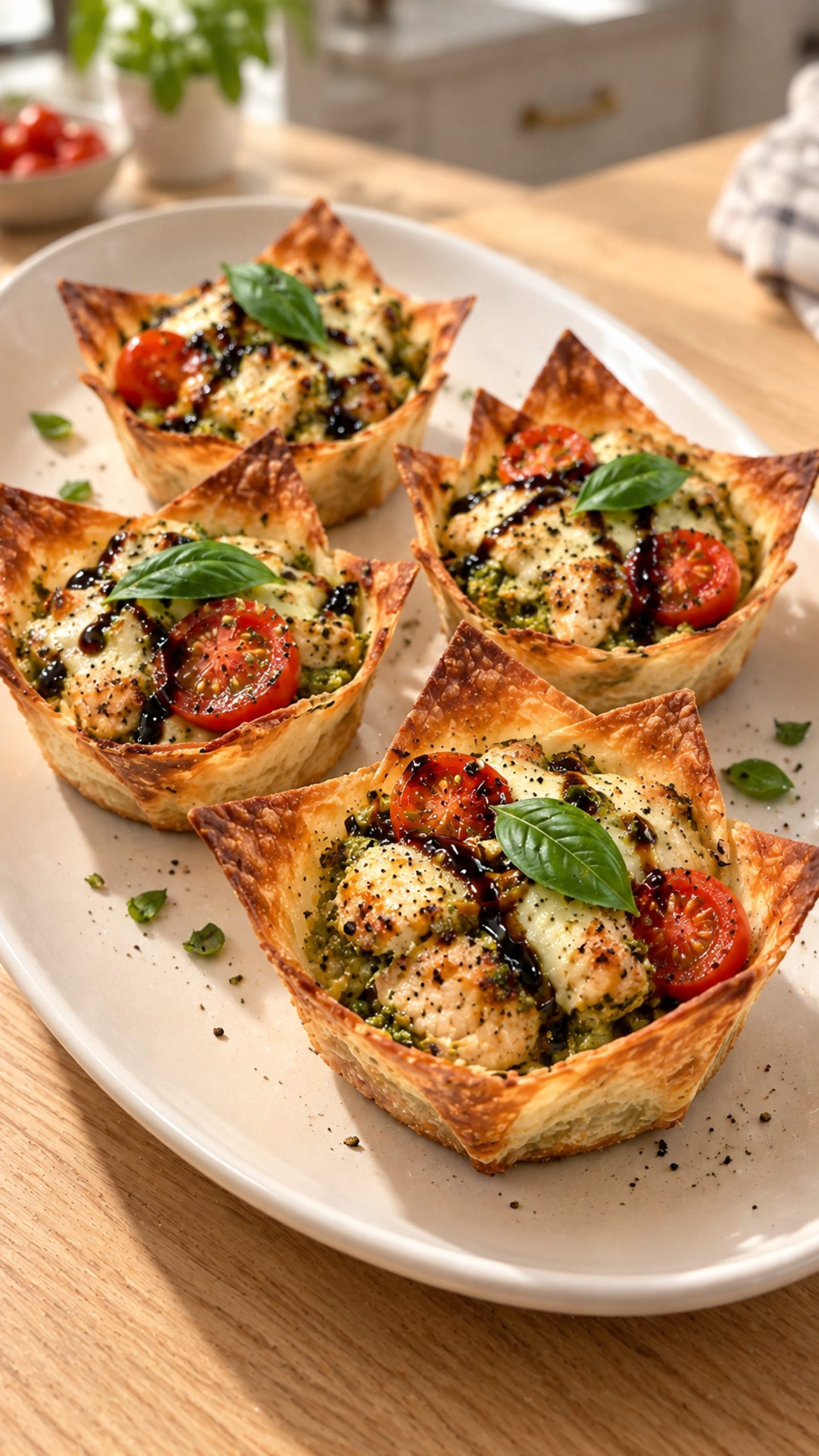 Caprese Pesto Chicken Crunch Cups