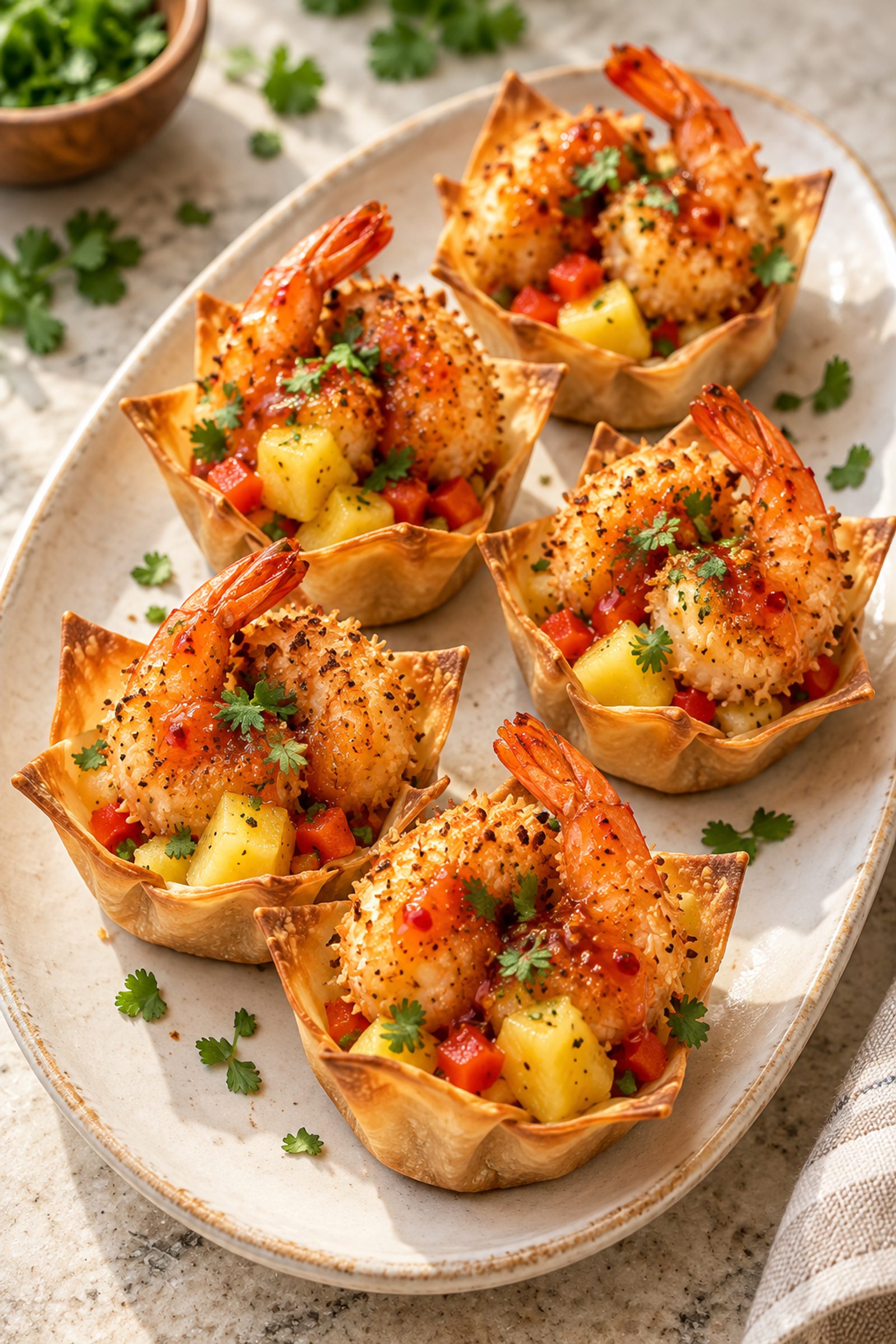Coconut Shrimp Pineapple Wonton Cups