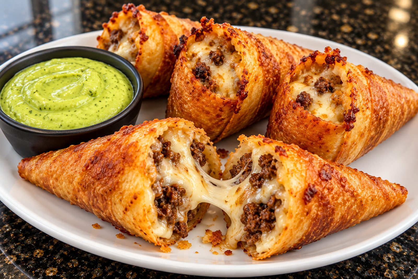 Crispy Cheesy Beef Cones with Creamy Avocado Sauce
