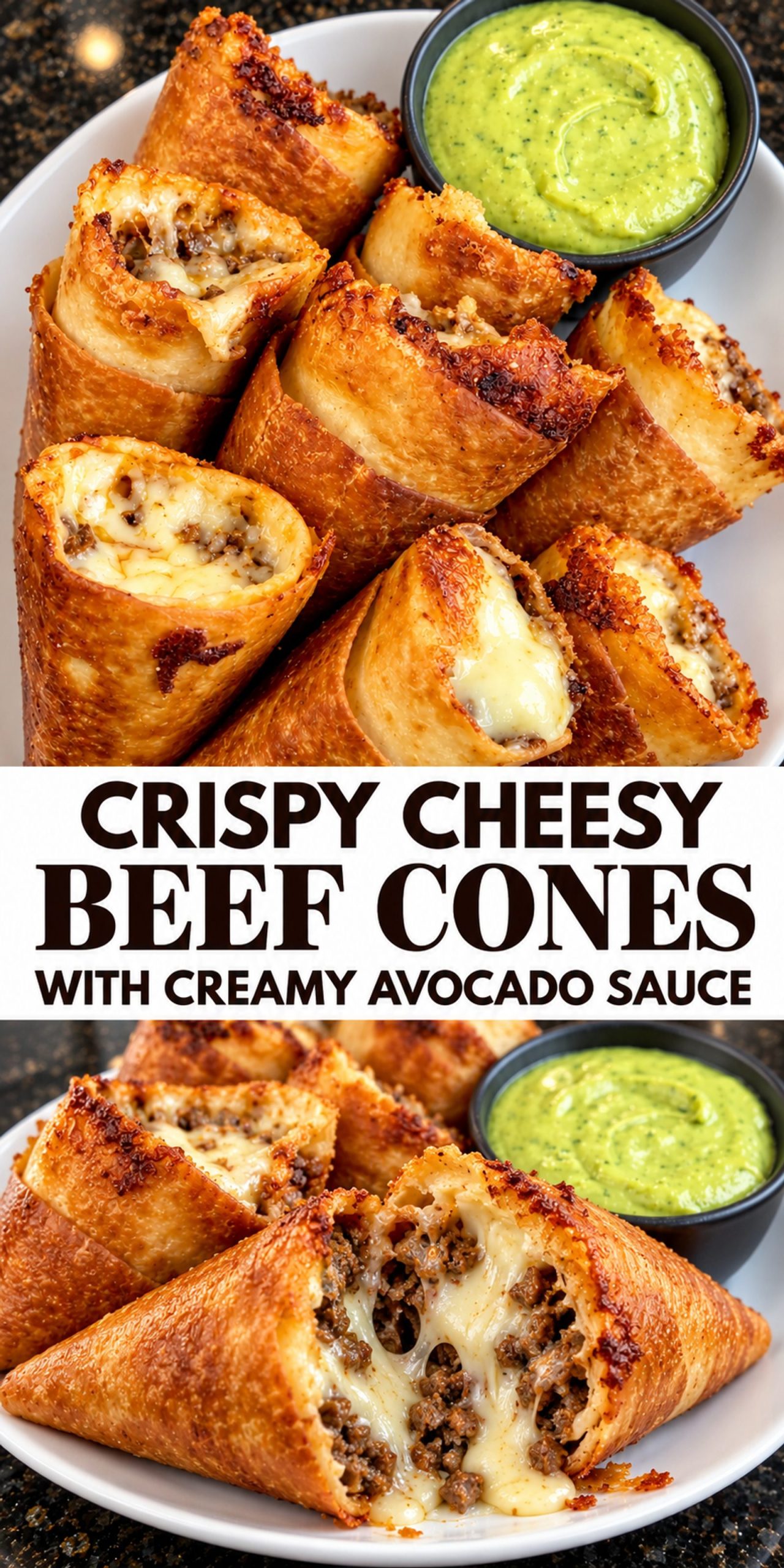 Crispy Cheesy Beef Cones with Creamy Avocado Sauce