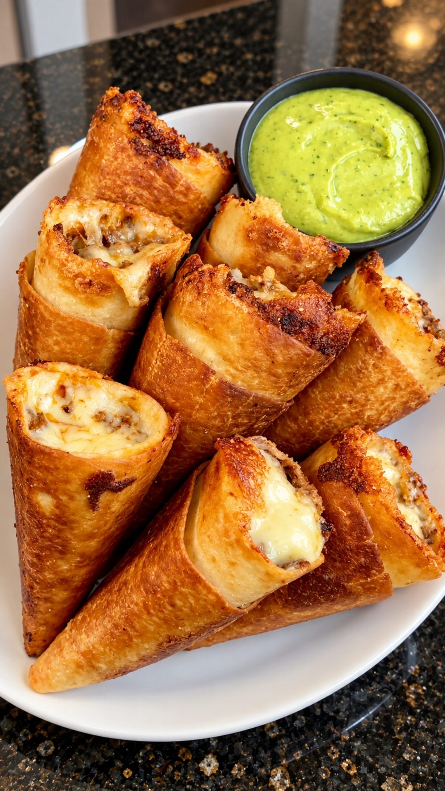 Crispy Cheesy Beef Cones with Creamy Avocado Sauce