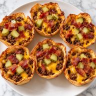 Crispy Double Bacon Cheeseburger Pickle Taco Cups