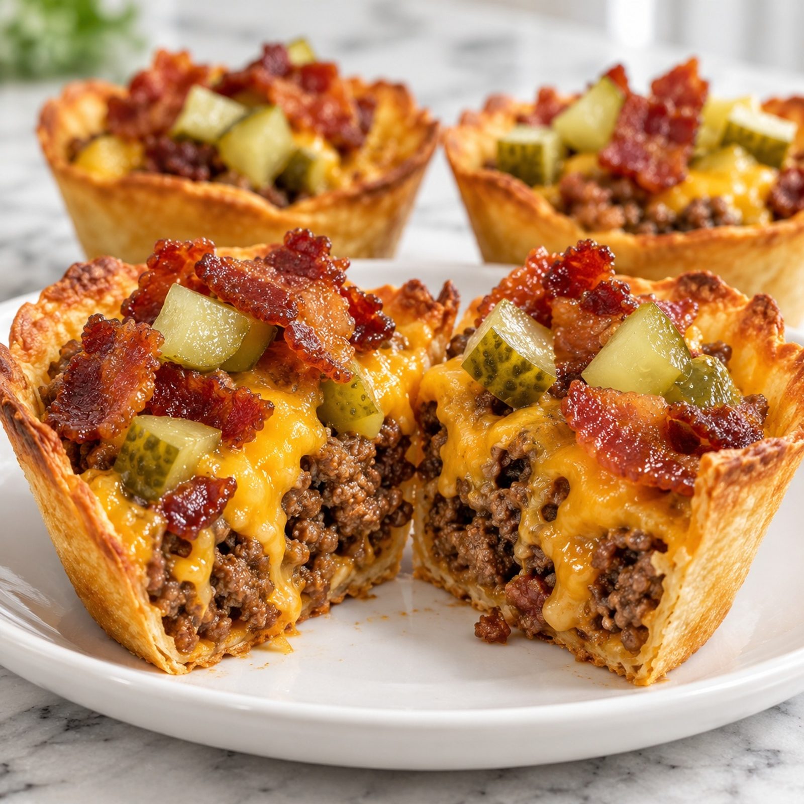 Crispy Double Bacon Cheeseburger Pickle Taco Cups