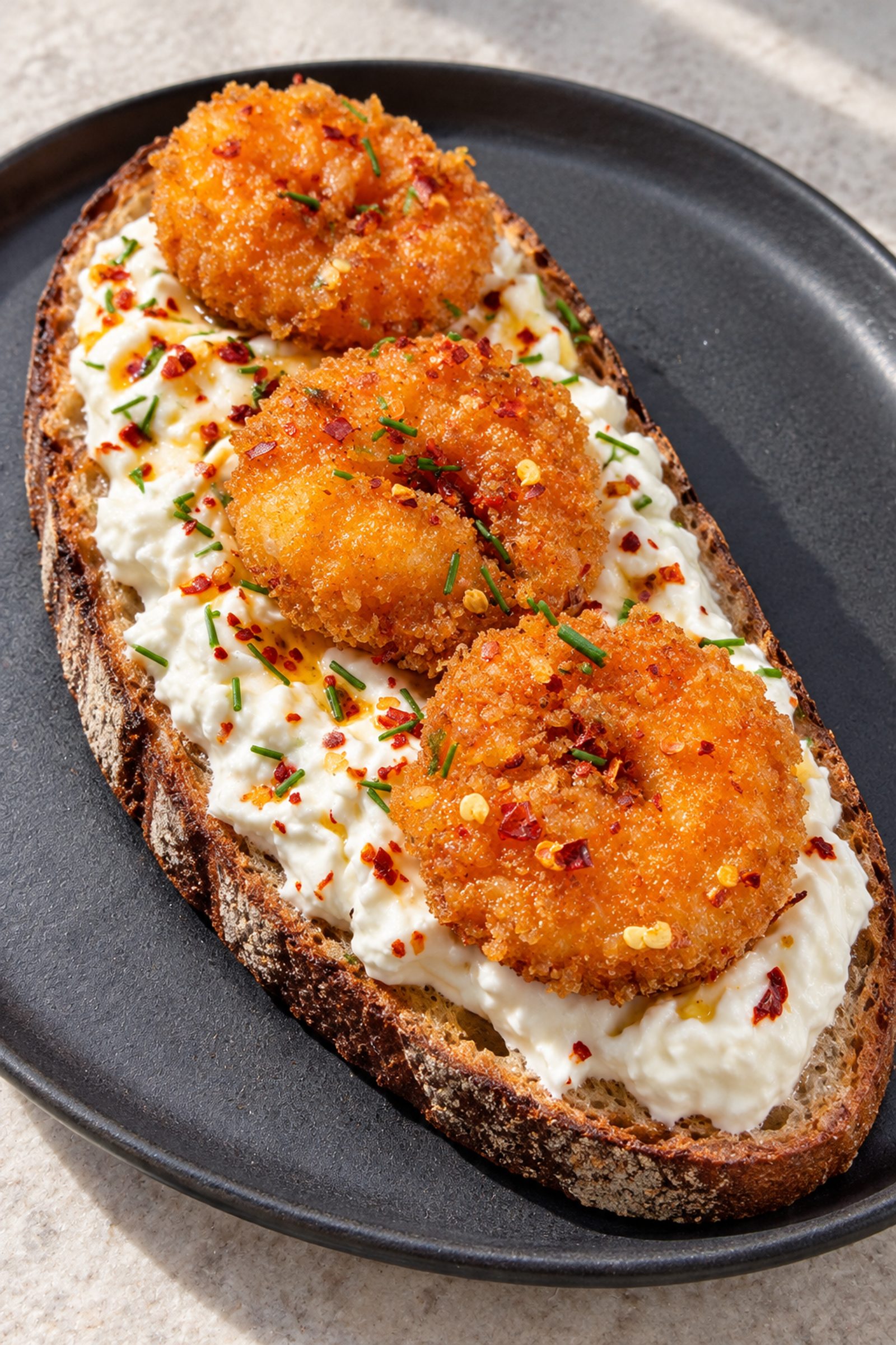 Crispy Garlic Shrimp Burrata Toast