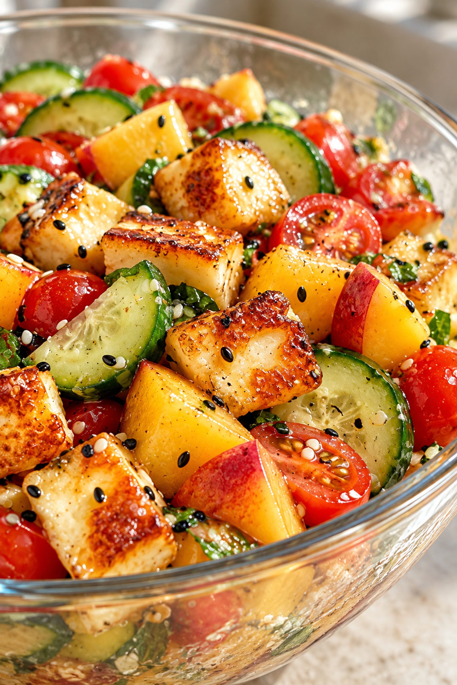 Crispy Halloumi Salad with Peach and Honey Lime Dressing