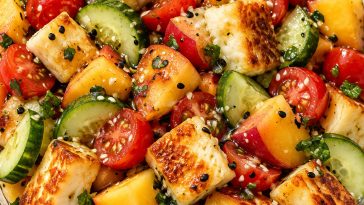 Crispy Halloumi Salad with Peach and Honey Lime Dressing