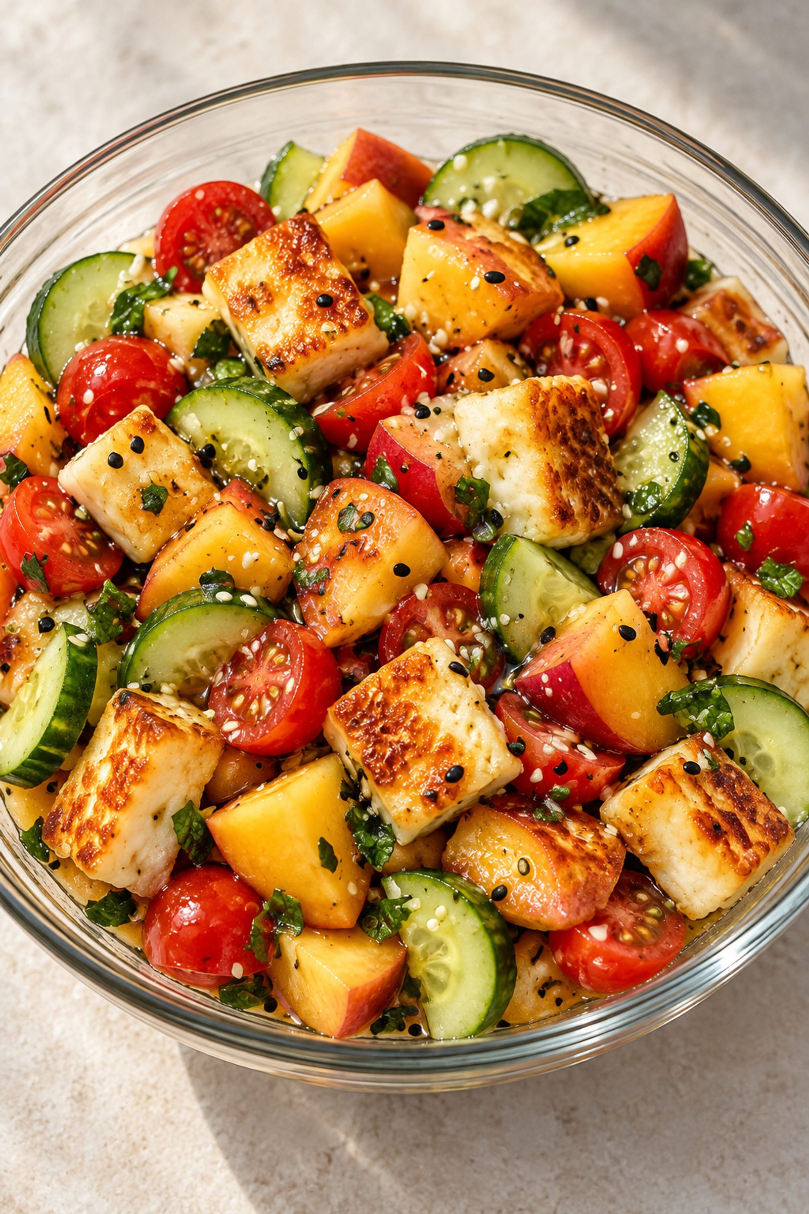 Crispy Halloumi Salad with Peach and Honey Lime Dressing Crispy Halloumi Salad with Peach and Honey Lime Dressing