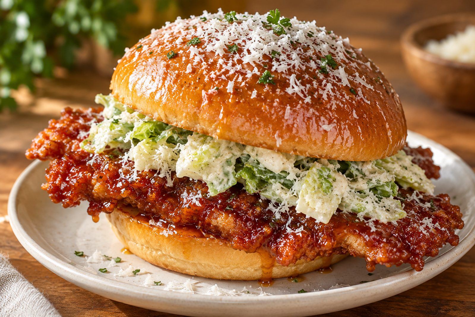 Crispy Hot Honey Chicken Caesar Burger