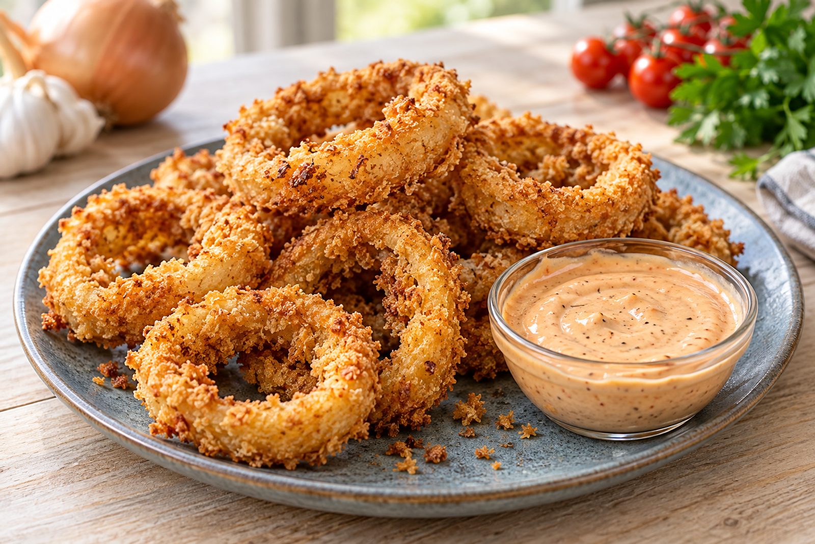 Crispy Onion Rings with Canes-Style Sauce