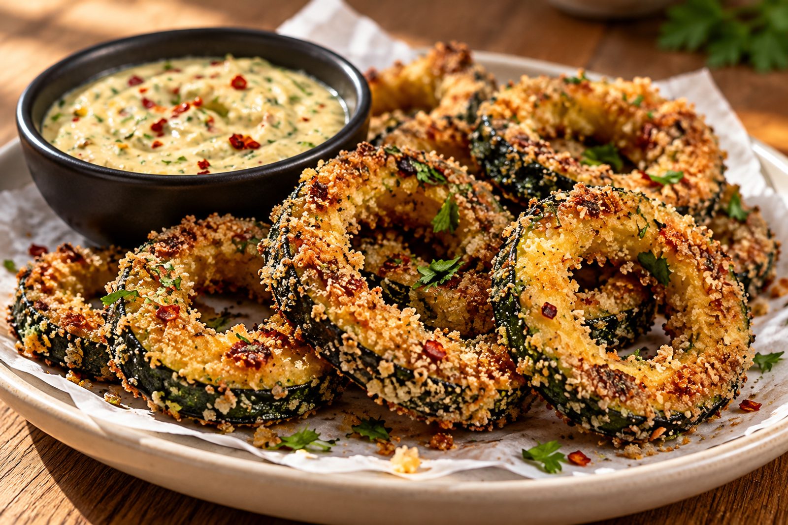 Crispy Zucchini Rings with Creamy Zucchini Dip