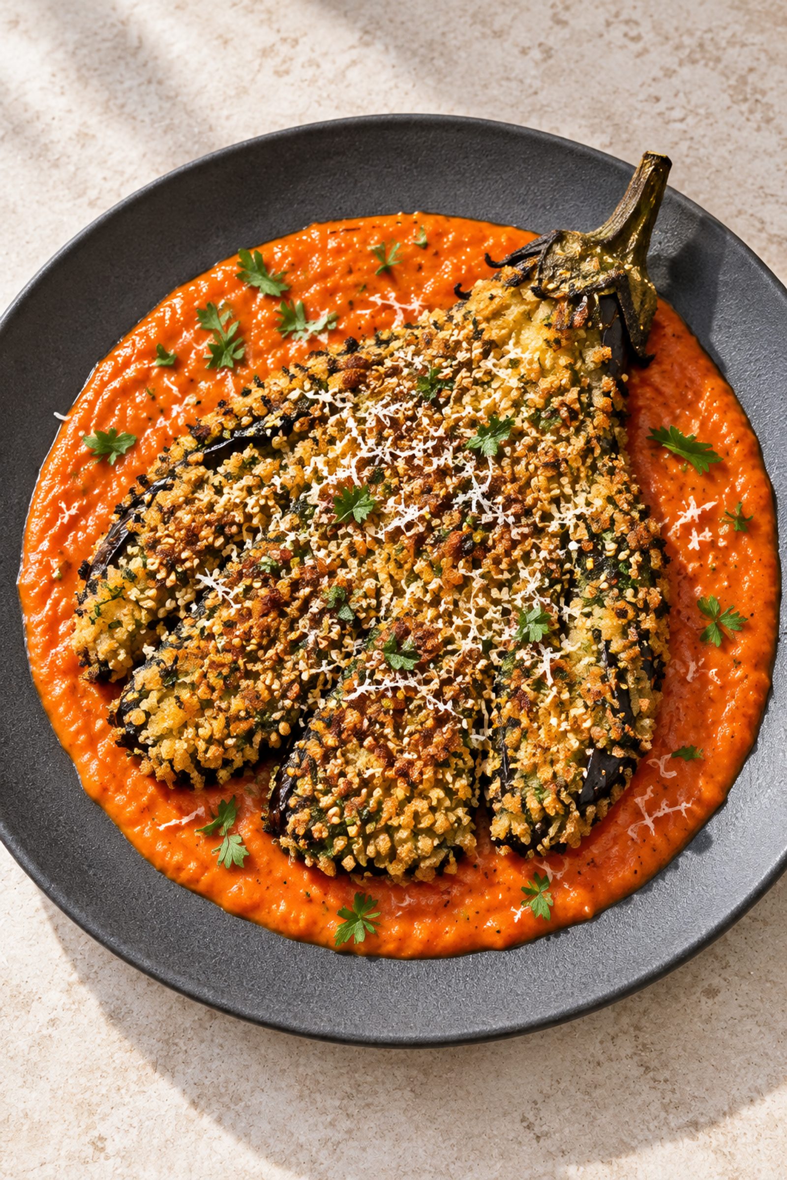 Eggplant Schnitzel with Roasted Tomato Sauce