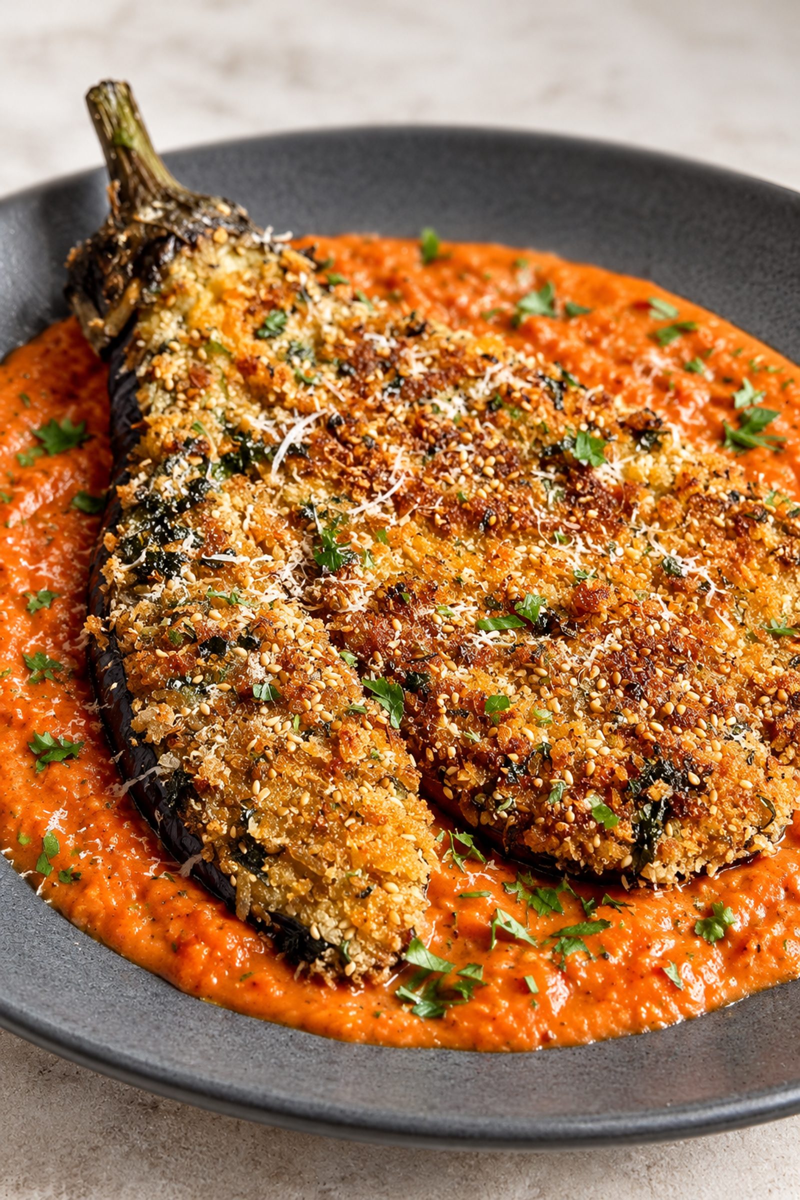 Eggplant Schnitzel with Roasted Tomato Sauce Eggplant Schnitzel with Roasted Tomato Sauce