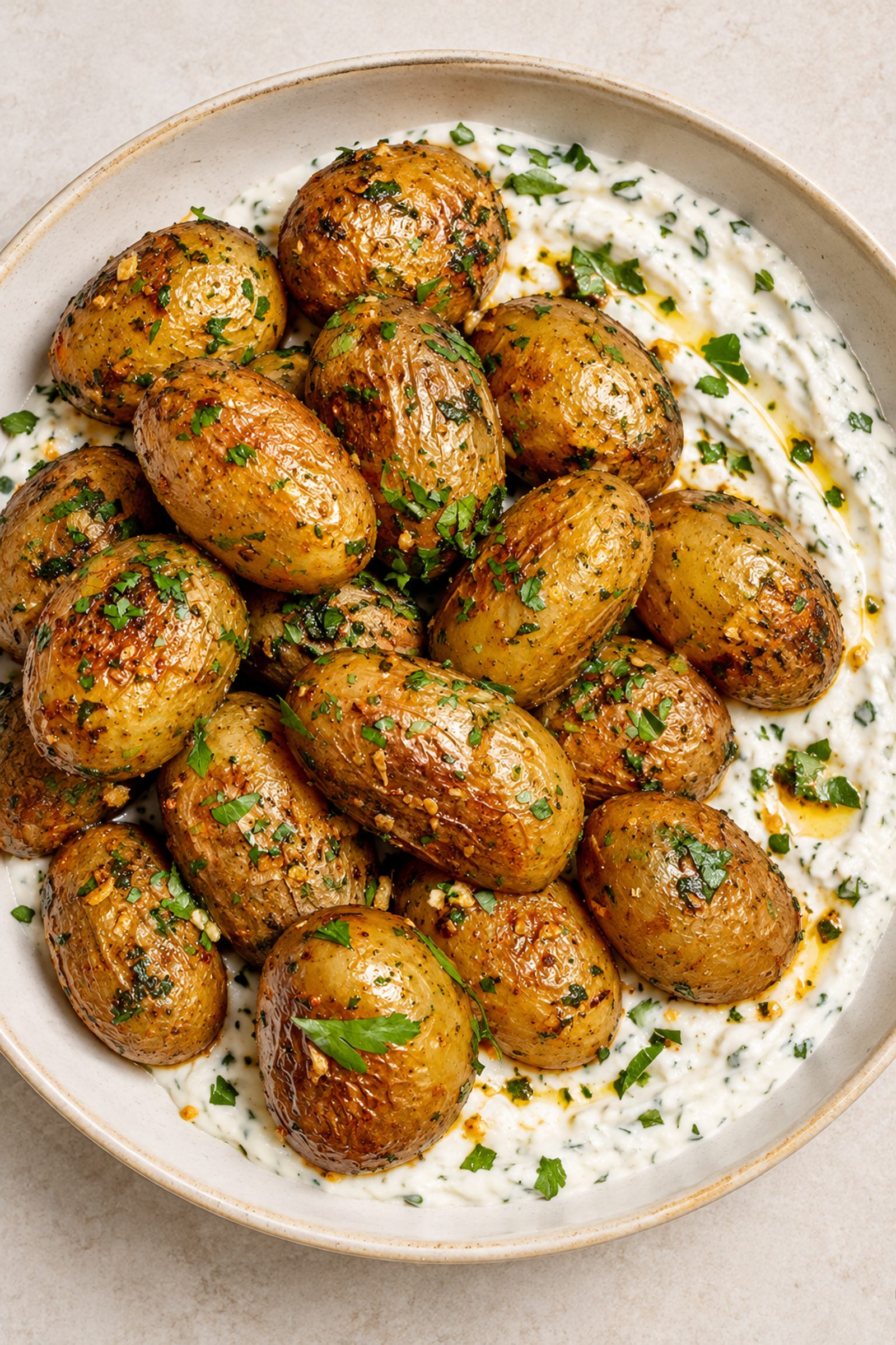 Garlic Butter Baby Potatoes with Creamy Feta Dip