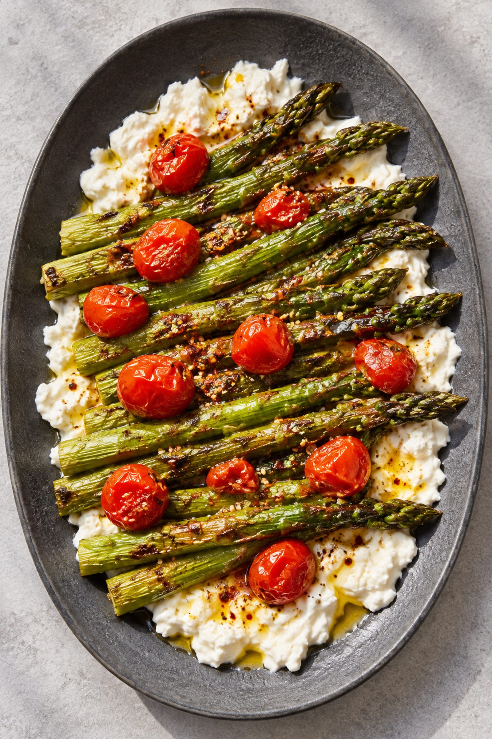 Roasted Asparagus with Burrata and Tomatoes