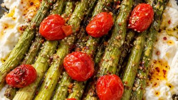 Roasted Asparagus with Burrata and Tomatoes