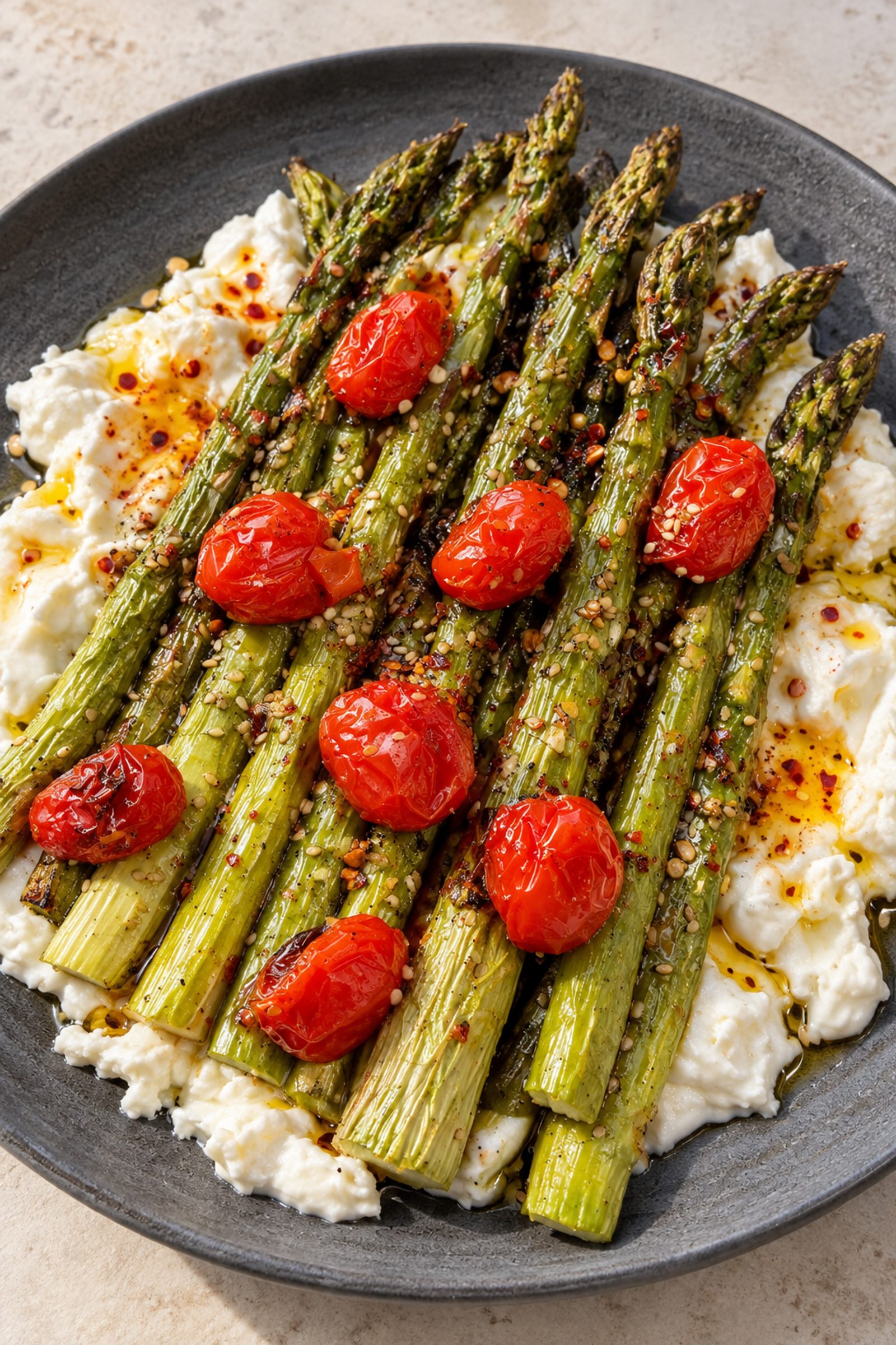 Roasted Asparagus with Burrata and Tomatoes