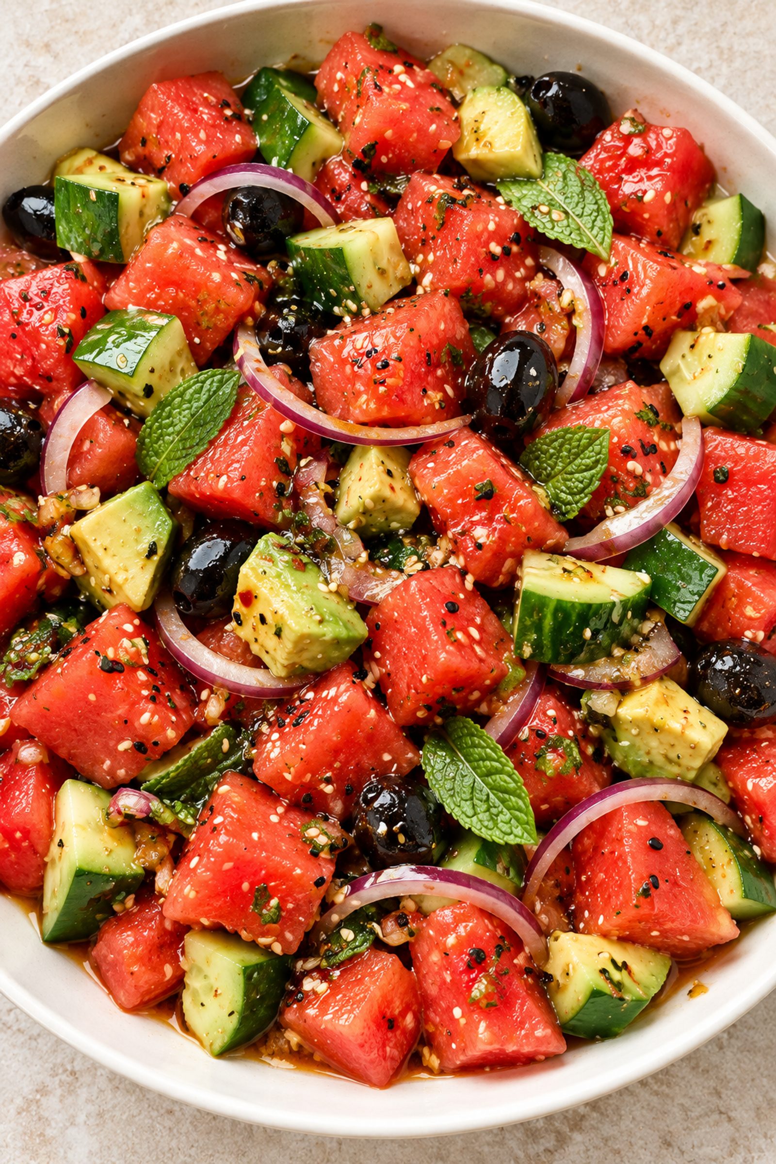 Watermelon Cucumber Salad with Sesame Chili Dressing