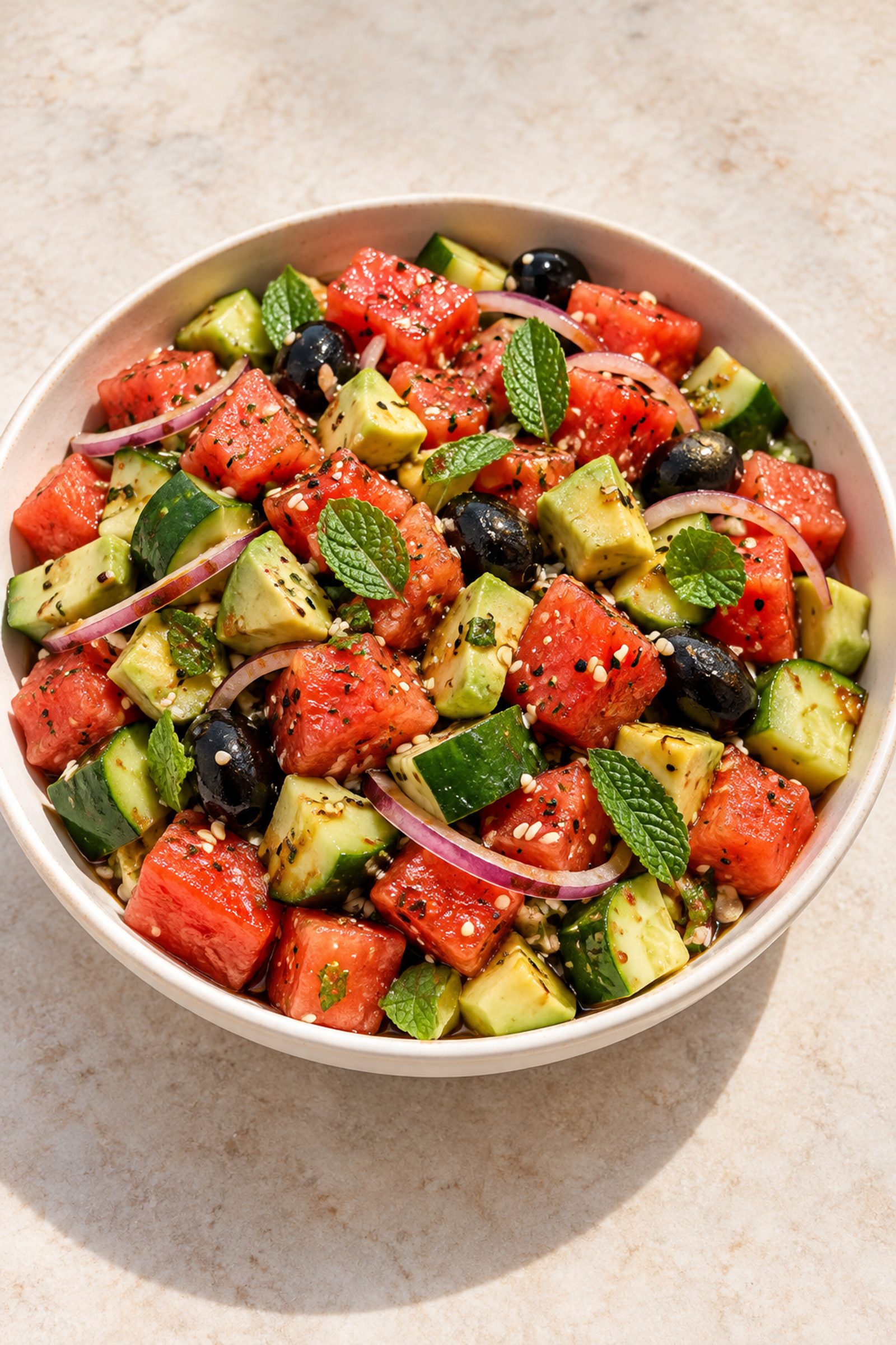 Watermelon Cucumber Salad with Sesame Chili Dressing Watermelon Cucumber Salad with Sesame Chili Dressing